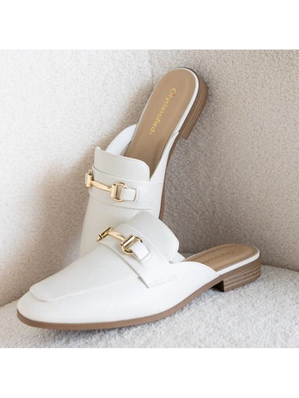 Cityclassified Slip-On Mules with Gold Buckles in Cream Faux Leather